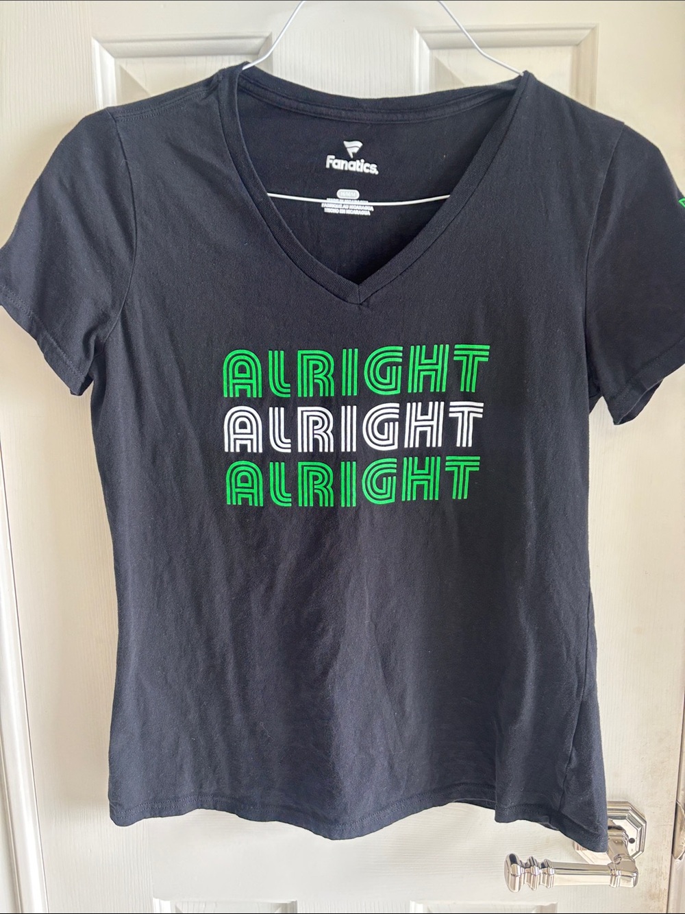 Austin Soccer FC Black V-Neck Tee with Green & White 'ALRIGHT' Stack Graphic
